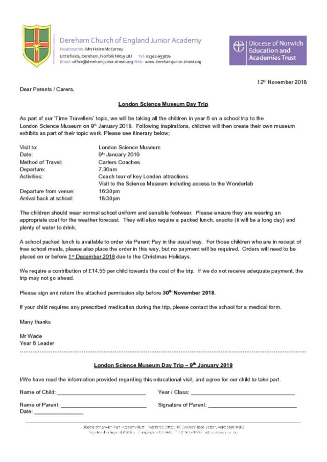 thumbnail of Science Museum Trip Ltr 13.11.18
