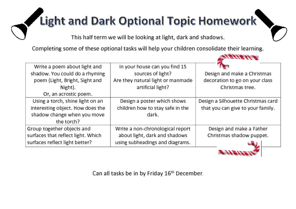 thumbnail of YEAR 3 – Optional Topic Homework Light and Dark