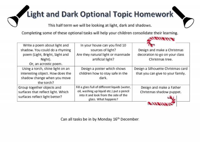 thumbnail of Optional Topic Homework Light and Dark Year 3